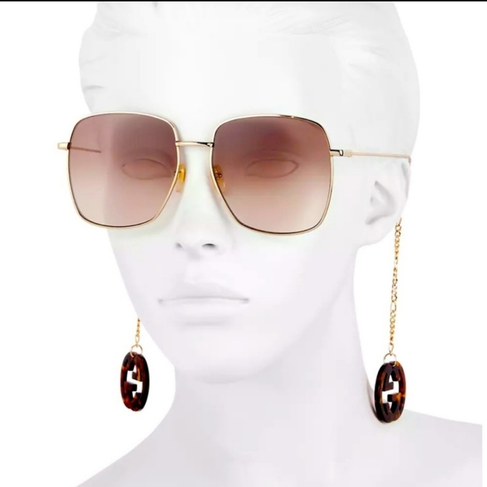 ✨️GUCCI GOLD GG    GOLD GRADIENT SUNGLASSES WITH DETACHABLE GG LOGO CHAIN NEW✨️ - Picture 2 of 5